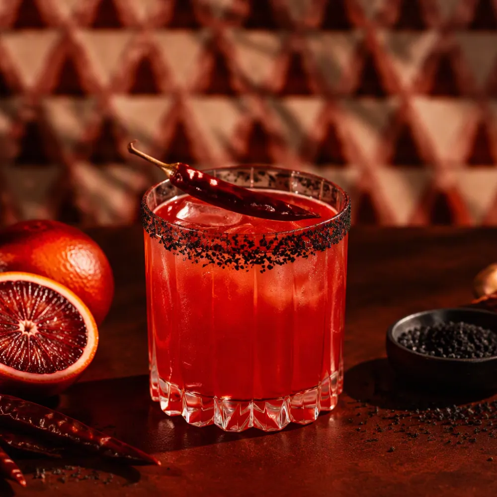 Red cocktail with black rim and red chili garnish