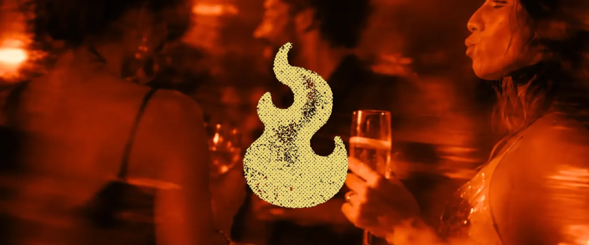 Header image with people partying in the background and golden fire symbol
