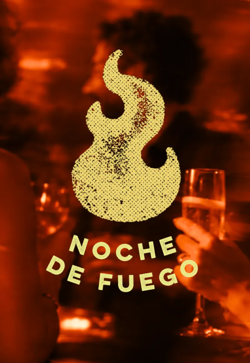 Header image with people partying in the background and golden fire symbol
